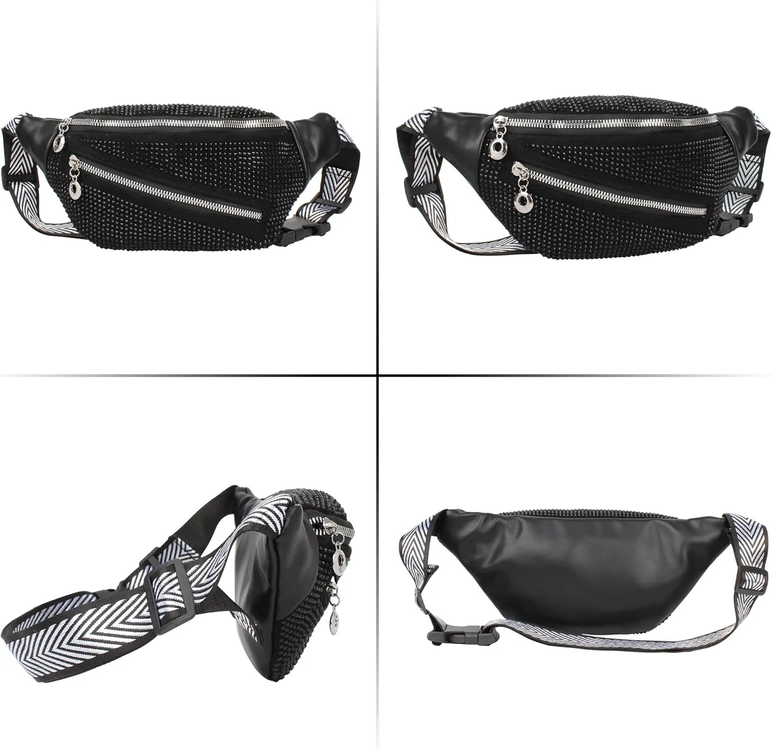 ZLM BAG US Dazzling Rhinestones Fanny Pack Slide Zip Waist Pack Chest Bag Phone Purse Wide Straps Crossbody Shoulder Bag